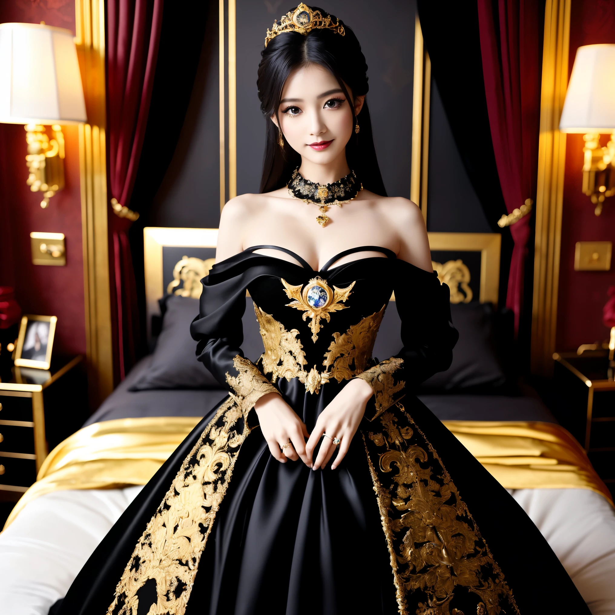 (highest quality、table top、8K、best image quality、hyper realism、Award-winning work)、(One Demon Princess:1.1)、(creepy and sexy makeup:1.1)、eye shadow、(black lips:1.1)、the most intricate and luxurious black dress、look at me and smile、Big breasts that are about to burst、perfect anatomy、The background is the most gorgeous princess room、(The most luxurious and sparkling princess room、(世界で最も贅沢で上品なblack and gold royal VIP room:1.1)、(The most luxurious and elegant black and gold room:1.1)、(black and gold royal VIP room:1.1)、On a luxury bed、On a huge bed、Complete interior of luxury royal bedroom、black dress decorated with jewels、black jewel dress、Luxury beyond imagination、Inside the Royal Palace、 a room decorated with many ornaments,、ornate decoration、the most luxurious decoration、On a luxurious and complicated bed、Very complex and detailed background、perfect shiny decoration、marble