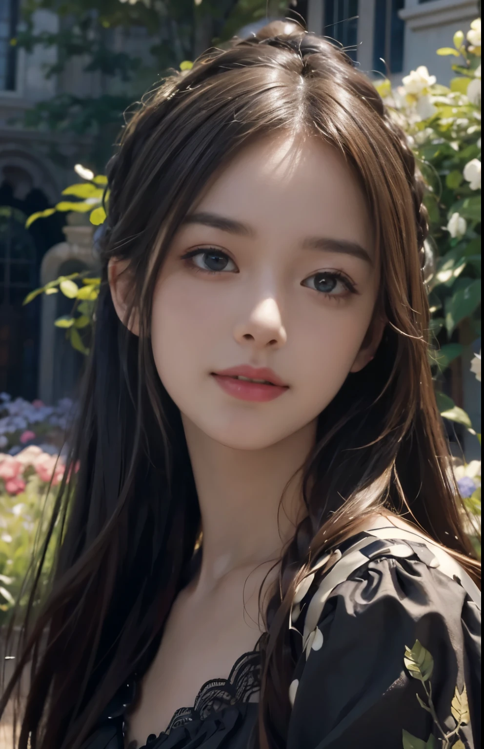 (ultra realistic) , (illustration), (increase resolution), (8K), (extremely detailed), (best illustration), (beautiful detailed eyes), (best quality), (ultra-detailed), (masterpiece), (wallpaper), (detailed face), solo,1 girl, looking at viewers, delicate details, in the dark, deep shadow, low key, pureerosfaceace_v1, happy smile, dark summer dress, full body, garden