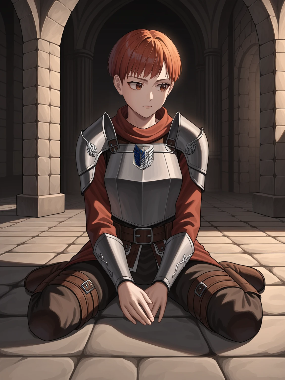 source_anime,score_9,score_8_up, BREAK, 1girl, solo, armor, fishscale armor, ripped clothes, attack on titan, ruined town, ruins, medieval, ((grim)), ((dark fantasy)), ((apathetic)), looking to the side, expressionless, closed mouth, ginger, short hair, pixie cut, sitting, sitting on floor, night, night time, after dark, indoors, damaged armor, giving up,hopeless