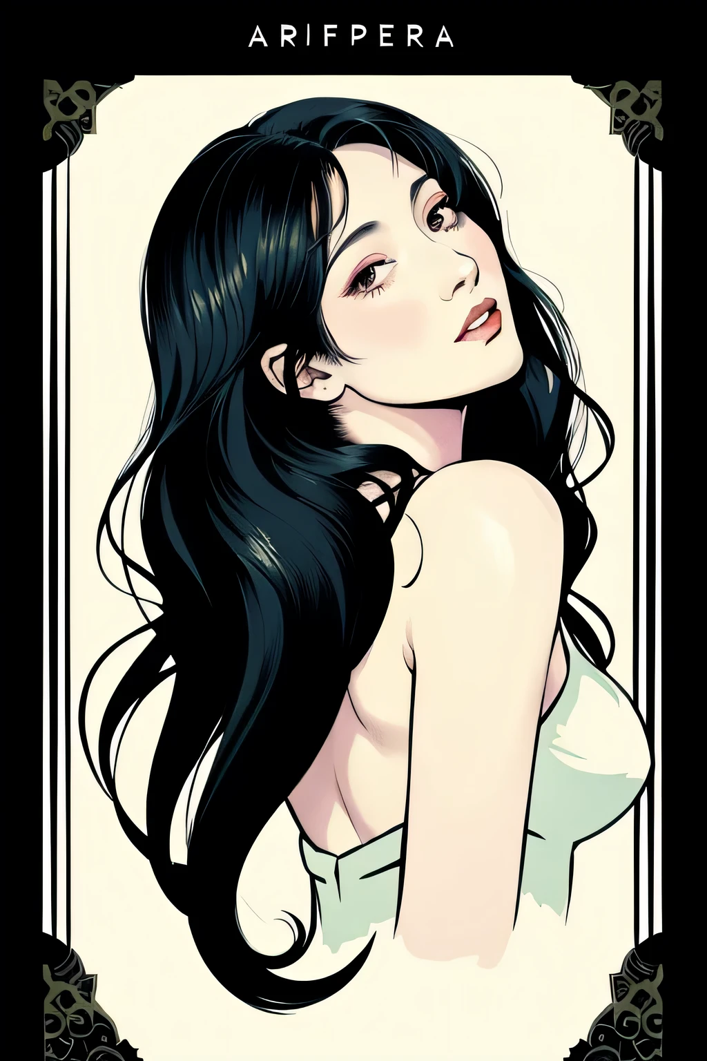 (Masterpiece Art:1.1), (Best Quality), Woman with strapless dress and lipstick, greybackground, With art style by Patrick Nagel, Beautiful, highly detailed painting, (highly detailed incline), (Detailed face), (Detailed eyes:1.1), (Perfect breasts), modelshoot, Professional Photography, Official art, Synth Wave,  8K, hard disk, High quality,  awardwinning, poneyTail,
