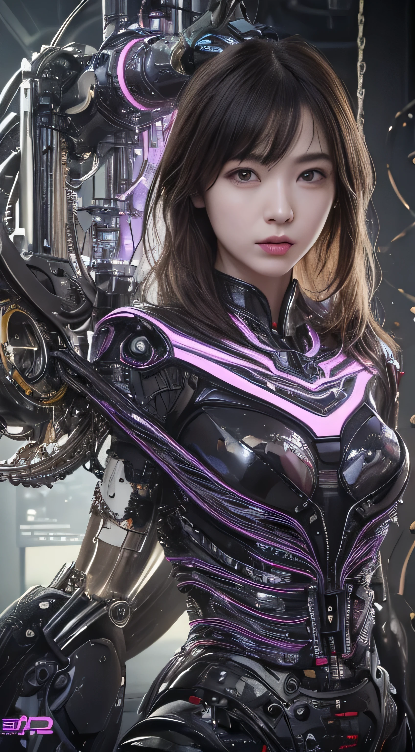 1 Mechanical Girl、((Ultra realistic details))、Portrait、global illumination、Shadow、octane rendering、8K、super sharp、steampunk cyborg body、Metal、intricate decorative details、cold color、Gothic ta details、very intricate details、realistic light、CG Society Trends、purple eyes、shining eyes、towards the camera、neon details、huge tit、The valley is noticeable、mechanical limbechanical vertebrae attached to the back of the blood vessels connected to the tubes、cervical vertebrae mechanically attached to the neck、sit on top、Wires and cables connecting to the head、The background is a steampunk space、