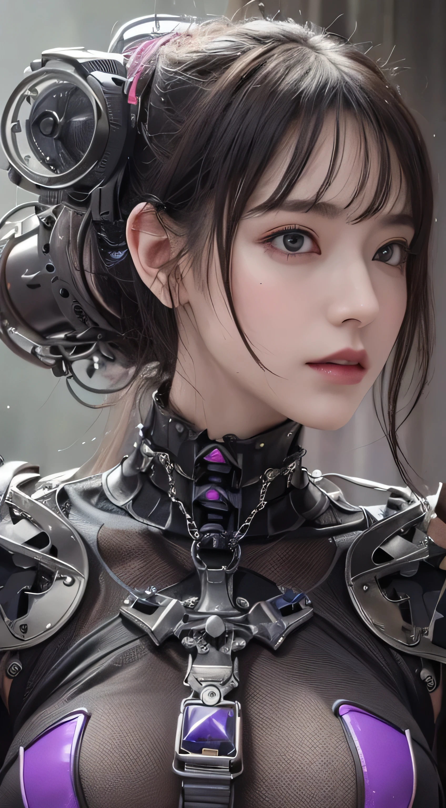 1 Mechanical Girl、((Ultra realistic details))、Portrait、global illumination、Shadow、octane rendering、8K、super sharp、steampunk cyborg body、Metal、intricate decorative details、cold color、Gothic Lolita details、very intricate details、realistic light、CG Society Trends、purple eyes、shining eyes、towards the camera、neon details、huge tit、The valley is noticeable、mechanical limbechanical vertebrae attached to the back of the blood vessels connected to the tubes、cervical vertebrae mechanically attached to the neck、sit on top、Wires and cables connecting to the head、The background is a steampunk space、