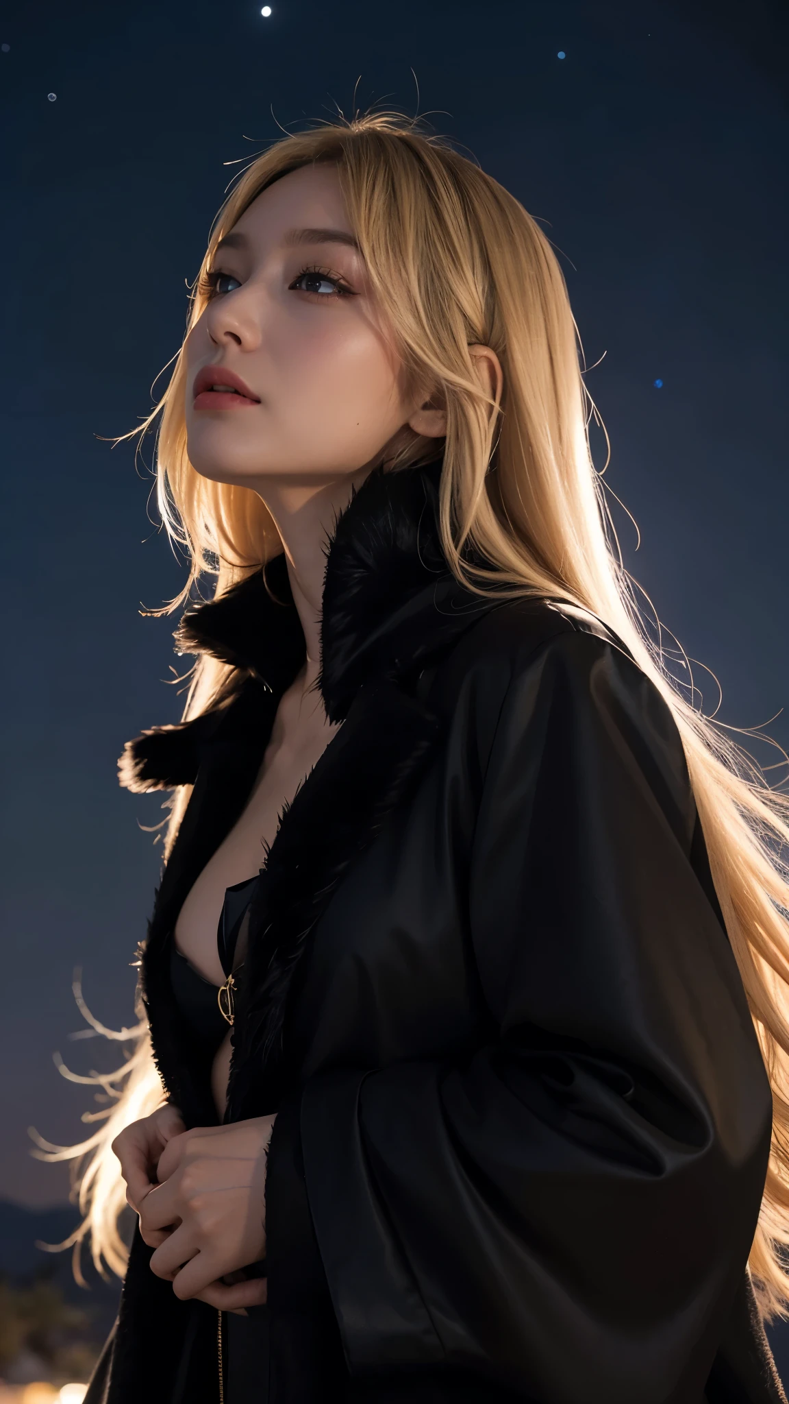 4k, best quality, realistic, detailed. A blonde, tall, slender, busty beauty wearing a long black fur coat looks up from the desert at the galaxy shining in the night sky. Her eyes are large and narrow, and her eyelashes are extremely long. Looking up at the night sky, the Galaxy Express 999 is running. Her name is Maetel.