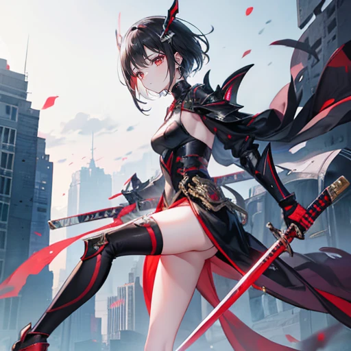 black hair,red eyes,short hair,sister head,earring ,Two white hairpins,Mechanical armor,fantasy style,high tech盔甲,high tech,whole body,stand on the ground,Katana in hand,Does not expose fingers,The background is the city,Blue sky and white clouds