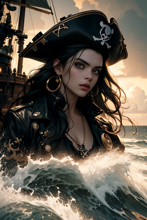(best quality,4k,8k,highres,masterpiece:1.2),ultra-detailed,black long hair,beautiful detailed eyes,pouty lips,piercing gaze,confident expression,pirate hat with skull and crossbones,leather jacket with golden buttons,golden earrings,pirate sword,ship in the background,ocean waves crashing against the ship,stormy sky,gritty and realistic,high contrast lighting,strong shadows and highlights,dramatic atmosphere,warm color tones,moody and intense,swashbuckling adventure