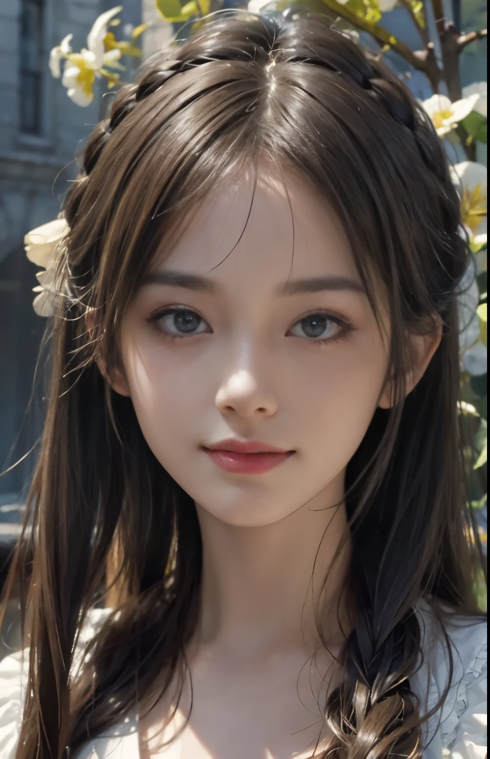 (ultra realistic) , (illustration), (increase resolution), (8K), (extremely detailed), (best illustration), (beautiful detailed eyes), (best quality), (ultra-detailed), (masterpiece),  (wallpaper), (detailed face), solo,1 girl, looking at viewers,  delicate details,  in the dark, deep shadow, low key, pureerosfaceace_v1, happy smile, dark summer dress, full body, garden