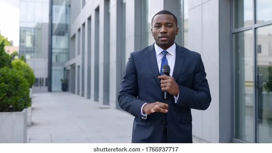 Intetview footage of a news reporter standing outside a hospital, handsome african man, in a suit, shirt and tie, holding a microphone
