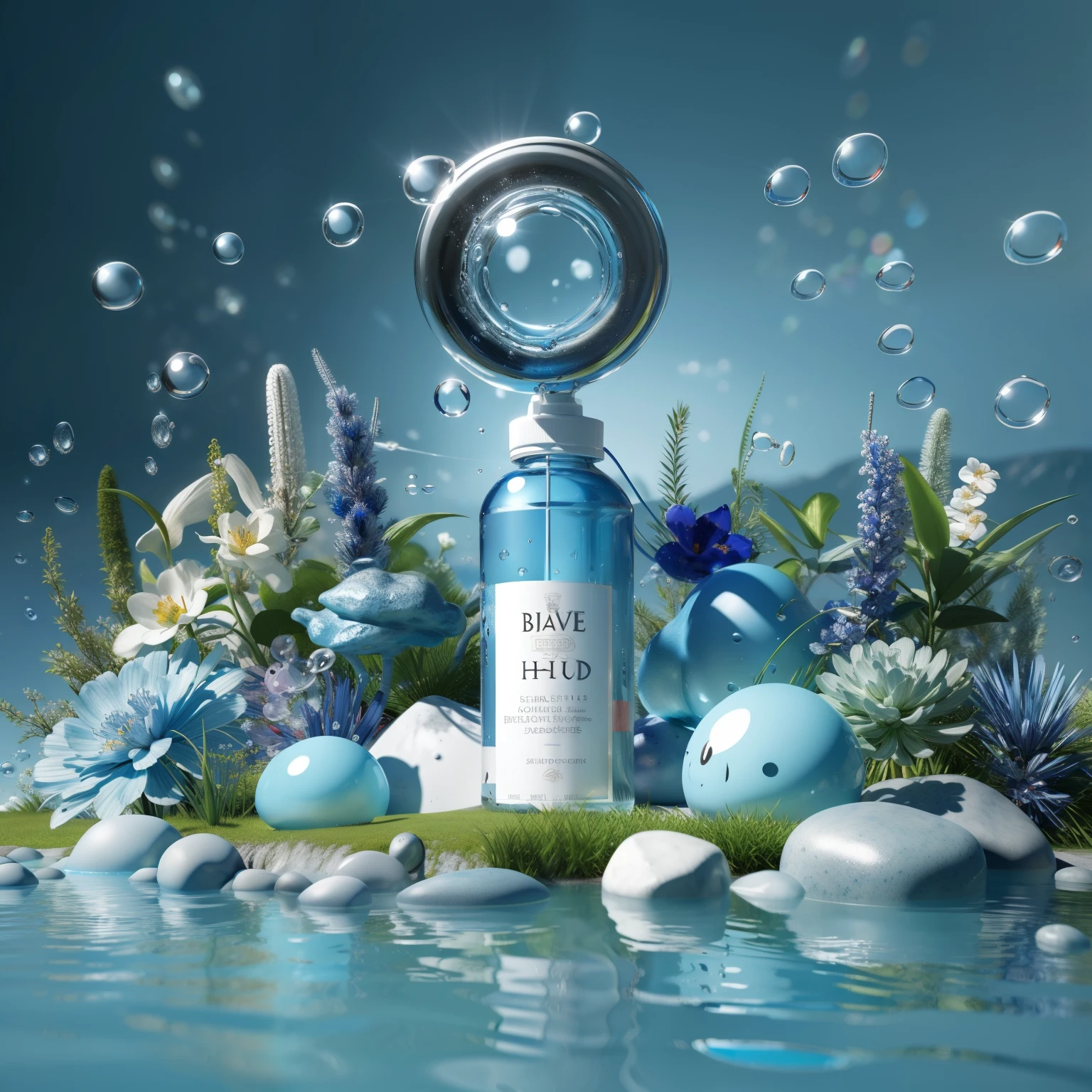 There is a bottle of water with bubbles and stones on the ground, dramatic product photography, 3 d Surreal render, Dramatic product shots, Close-up fantasy of water magic, Surreal 3 d render, a Surreal, Surreal detailed render, Surreal, Surreal的, Surreal, product photography 4k, adventure Surreal render, “Surreal，Ring shower head，blue tint