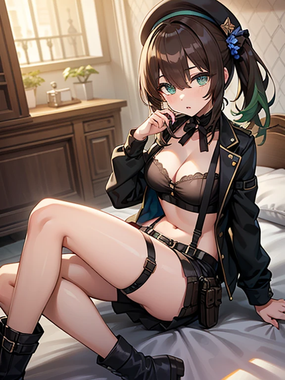 ubel,dark green hair,long hair,side ponytail,hair between eyes,bangs,  (beret, black jacket, open clothes, cleavage, midriff, (Make the subject look three-dimensional with the contrast of light and shadow),Cute and beautiful 22yo girl,(masterpiece:1.2), best quality, high resolution, unity 8k wallpaper, (illustration:0.8), (beautiful detailed eyes:1.6), extremely detailed face, perfect lighting, extremely detailed CG, (perfect hands, perfect anatomy),(brown eyes: 1.1),Brown hair,watching at viewers,black suspenders,(Bulging ,big breasts:1.1),tacticul jacet,Black miniskirt,garters,Gaze,Small face,bangss,holster,Belt Armament,Beautuful Women　srestrained,hands up,sitting Lying in bed,Leg holster ,Gaze,black boots,panty shot, extremely detailed face, perfect lighting, extremely detailed CG,