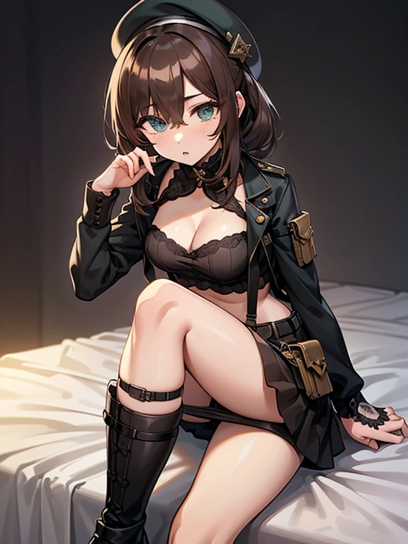 ubel,dark green hair,long hair,side ponytail,hair between eyes,bangs,  (beret, black jacket, open clothes, cleavage, midriff, (Make the subject look three-dimensional with the contrast of light and shadow),Cute and beautiful 22yo girl,(masterpiece:1.2), best quality, high resolution, unity 8k wallpaper, (illustration:0.8), (beautiful detailed eyes:1.6), extremely detailed face, perfect lighting, extremely detailed CG, (perfect hands, perfect anatomy),(brown eyes: 1.1),Brown hair,watching at viewers,black suspenders,(Bulging ,big breasts:1.1),tacticul jacet,Black miniskirt,garters,Gaze,Small face,bangss,holster,Belt Armament,Beautuful Women　srestrained,hands up,sitting Lying in bed,Leg holster ,Gaze,black boots,panty shot, extremely detailed face, perfect lighting, extremely detailed CG,