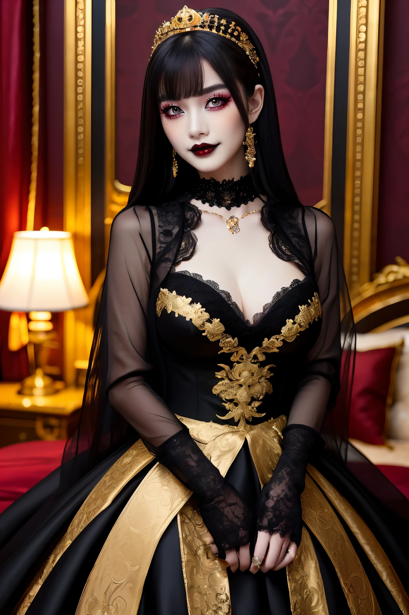 (highest quality、table top、8K、best image quality、hyper realism、Award-winning work)、(One Demon Princess:1.1)、(Creepy and evil devil makeup:1.1)、(Creepy Eyeshadow:1.1)、(black lips:1.2)、the most intricate and luxurious black dress、look at me and smile、Big breasts that are about to burst、perfect anatomy、The background is the most gorgeous princess room、The most luxurious and sparkling princess room、(世界で最も贅沢で上品なblack and gold royal VIP room:1.1)、(The most luxurious and elegant black and gold room:1.1)、(black and gold royal VIP room:1.1)、On a luxury bed、On a huge bed、Complete interior of luxury royal bedroom、black dress decorated with jewels、black jewel dress、Luxury beyond imagination、Inside the Royal Palace、 a room decorated with many ornaments,、ornate decoration、the most luxurious decoration、On a luxurious and complicated bed、Very complex and detailed background、perfect shiny decoration、marble