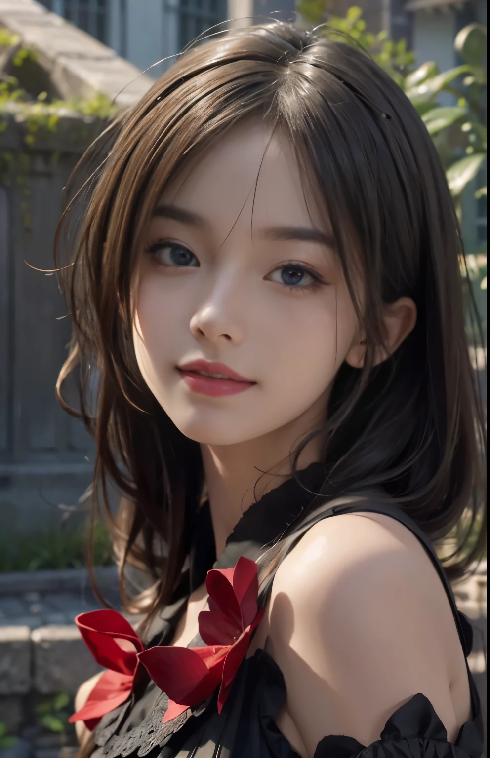 (ultra realistic) , (illustration), (increase resolution), (8K), (extremely detailed), (best illustration), (beautiful detailed eyes), (best quality), (ultra-detailed), (masterpiece), (wallpaper), (detailed face), solo,1 girl, looking at viewers, delicate details, in the dark, deep shadow, low key, pureerosfaceace_v1, happy smile, dark summer dress, full body, garden