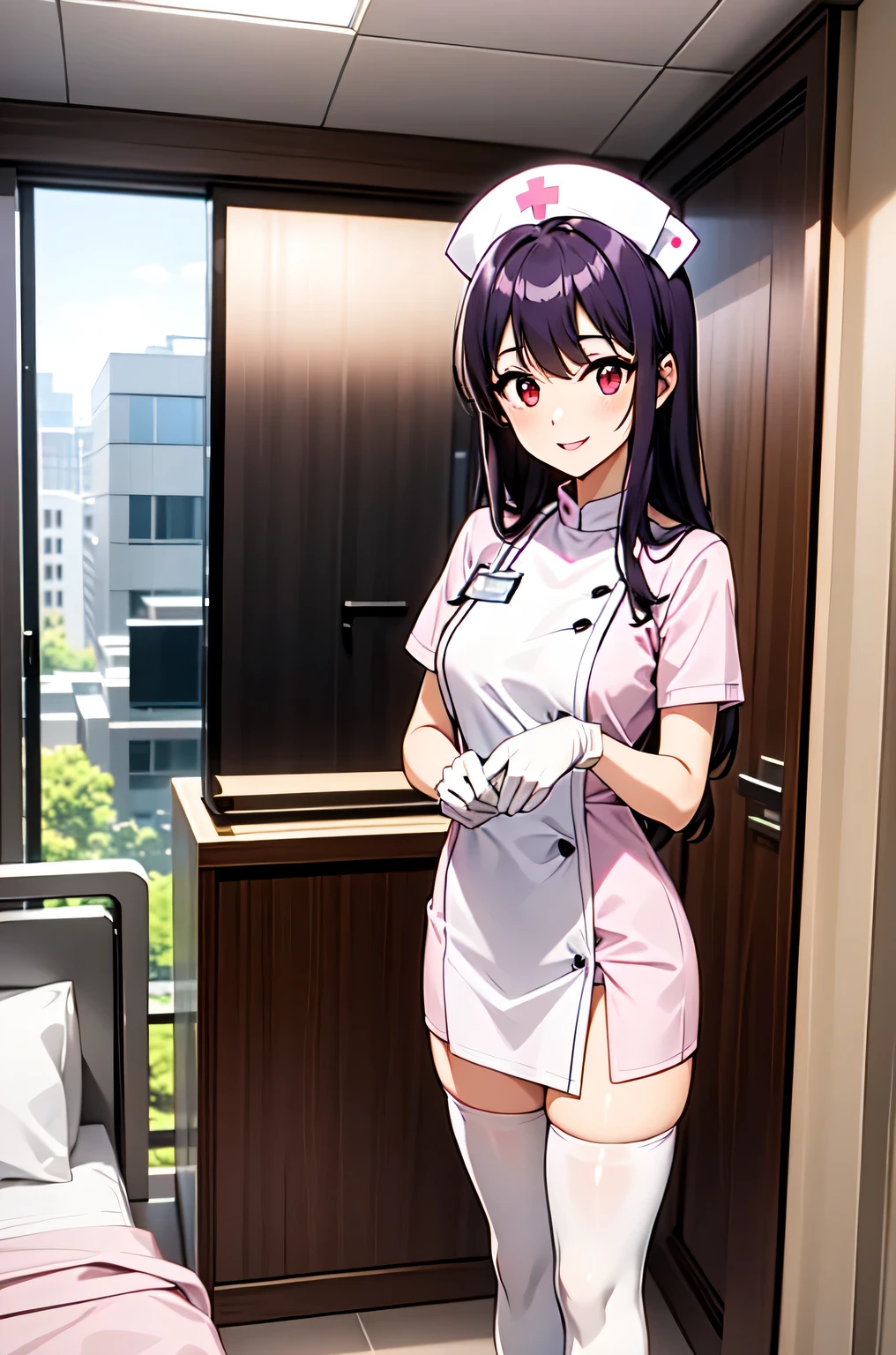 1woman, solo, nurse, white nurse cap, white nurse uniform, ((white legwear, zettai ryouiki)), white gloves, long hair, purple hair, red eyes, pink lips, smile, standing, ((hospital room)), sharp outline, short sleeves, mature female, 35 years old, best quality, masterpiece