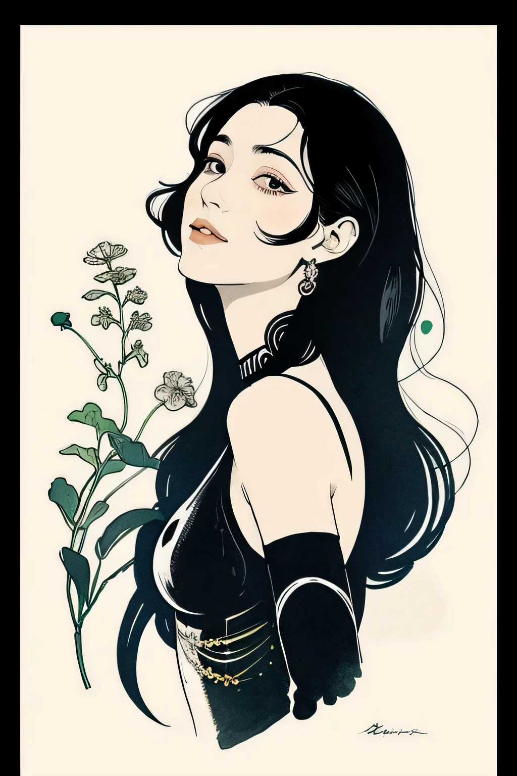 Mucha style illustration, black hair,long hair