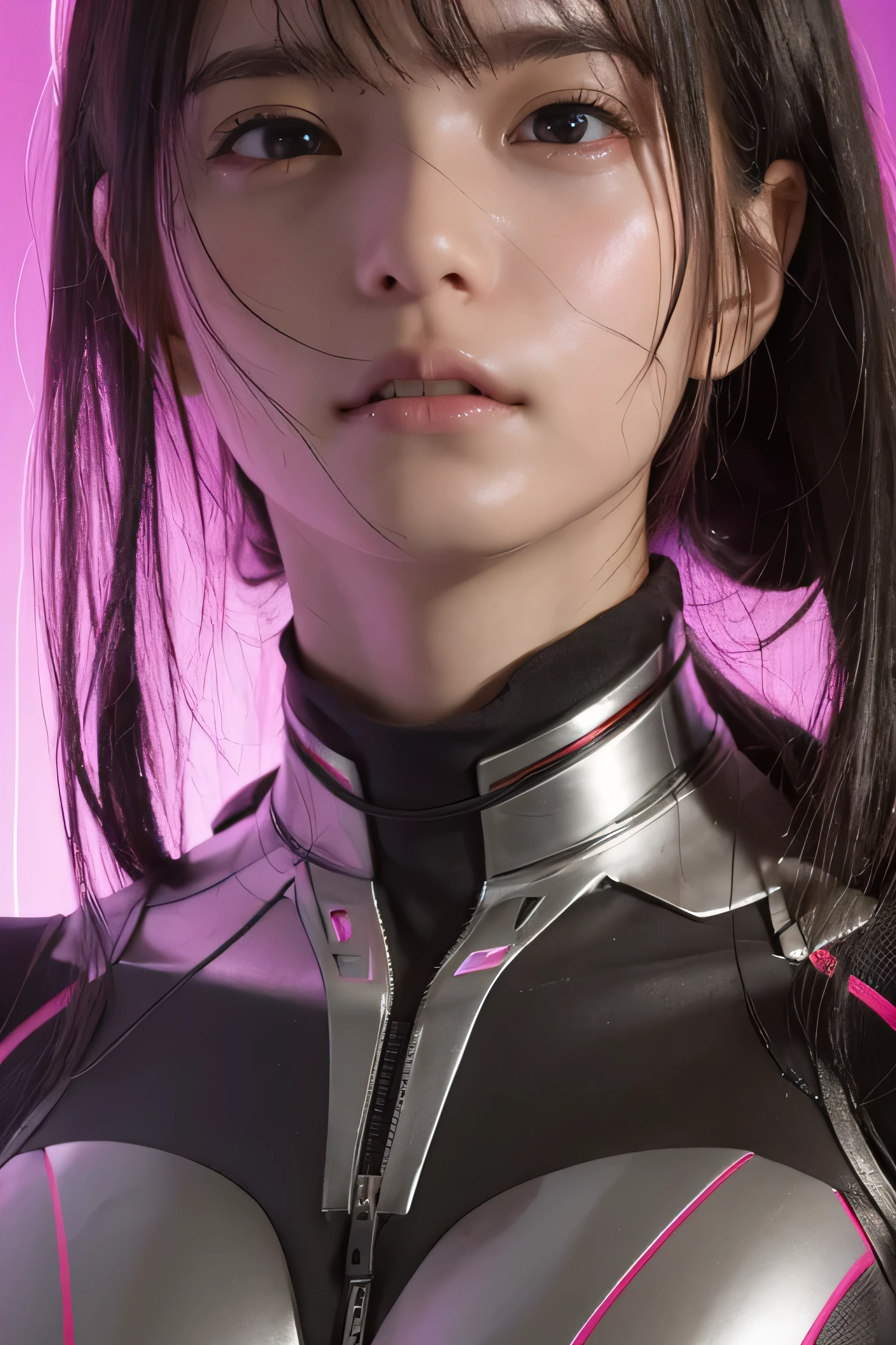 highest quality, masterpiece, ultra high resolution, (realistic: 1.4), Raw photo, 1 girl, black hair, Glossy skin, 1 Mechanical Girl, (Super realistic details)), global illumination, Shadow, octane rendering, 8K, super sharp, big, Cleavage exposed raw skin, Metal, intricate decorative details, egypt details, very intricate details, realistic light, CG Society Trend, purple eyes, shining eyes, towards the camera, neon details, mechanical limbs, blood vessels connected to tubes, mechanical vertebrae attached to the back, Mechanical cervical attachment to the neck, sitting, Wires and cables connecting to the head, Evangelion, small led lamp,