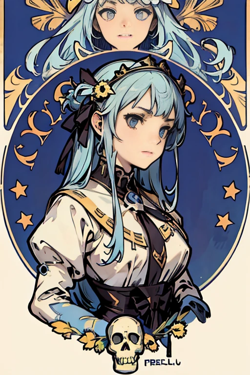 (masterpiece), (High resolution), (super delicate),,(Horror elements), high school girl uniform,Cute Core Clown、Skull Accessories、((Alphonse Mucha 1.5))light blue hair、
