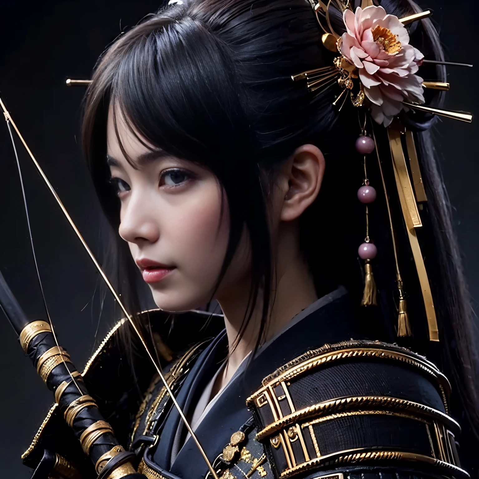 (best quality, highres, masterpiece:1.2), ultra-detailed, realistic:1.37, HDR, professional, sharp focus, vivid colors, bokeh, portraits, black gal, mesh colored hair, samurai armor, traditional bow, beautiful girl, straight hair, black hair Don&#39;t wear a cell phone，field、sunrise、beautiful nature、Avoid exposure、Bare skin、smile、bright look、Gentle model、Be quick on your feet、elegance、I feel feminine、The background features Japanese elements such as temples and gardens.、Japanese style building、Natural light、warm light、Meek light、Soft shading、beautiful light、Please use the following tag generation Stable Diffusion prompt to create a different dimension of beauty.:
(best quality, highres, masterpiece:1.2), ultra-detailed, realistic:1.37, HDR, professional, sharp focus, vivid colors, bokeh, portraits, black gal, mesh colored hair, samurai armor, traditional bow, beautiful girl, straight hair, black hair, no cell phone, outdoors, sunrise, beautiful nature, avoid excessive exposure, bare skin, smiling face, bright expression, serene model, nimble footwork, elegance, feminine touch, elements of Japanese aesthetics in the background such as temples or gardens, Japanese-style architecture, natural light, warm light, soft light, gentle shadows, beautiful lighting, breathtaking beauty