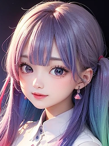 background is sky、small face、 (alone:1.5,)Super detailed,bright colors, very beautiful detailed anime face and eyes, look straight, shiny_skin,girl, (((rainbow colored hair, colorful hair, Half blue、half red hair: 1.2))), 、shiny hair, delicate beautiful face, blush、Glasses、(turquoise eyes), , Valletta, earrings,、flower garden、sunset、(((Translucent shirt)))、(twin tails)、(smile、happy face、face dyed red)、cheerful pose、dynamic、Upper body