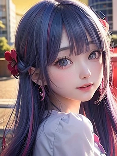 small face、 Super detailed,明るいcolor, very beautiful detailed anime face and eyes, look straight, shiny_skin,girl, (((虹colorの髪, colorful hair, Half black、half pink hair: 1.2))) 、forehead is exposed.、green eyes、、shiny hair, delicate beautiful face, blush、Glasses、(turquoise eyes), White skin, Valletta, earrings,、sunset、forest road、（（（Polka dot pattern、Blue summer clothes、White checked mini skirt）））、twin tails、smile、happy face、face dyed red、color々pose、Head to toe full body portrait、