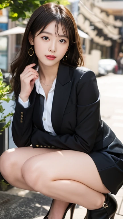Close-up of a woman in a suit and boots standing on a sidewalk, girl in a suit, girl in a suit, wearing black business suit, wearing a business suit, wearing a business suit, black business suit, Japanese female fashion model, wearing a black aristocratic suit, wearing a black blazer, カジュアルなwearing a black suit, wearing a black suit, wearing a black suit