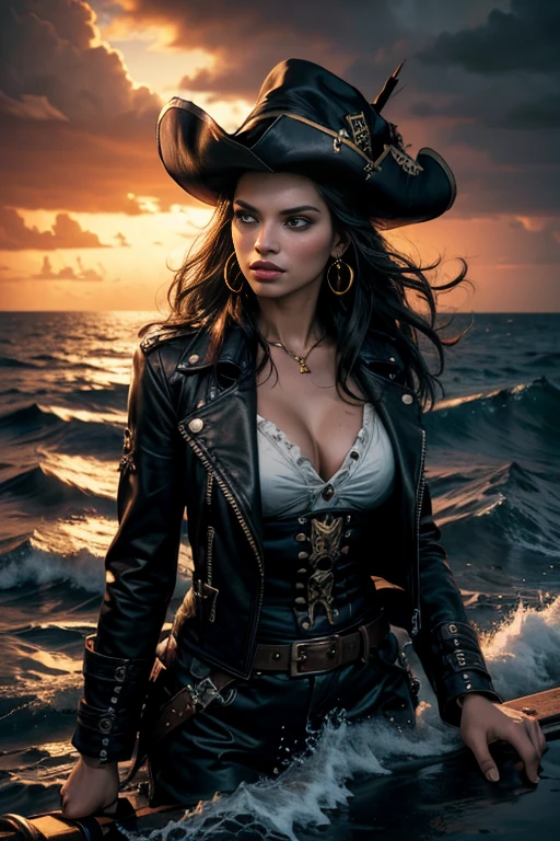 (best quality,4k,8k,highres,masterpiece:1.2),ultra-detailed,black long hair,beautiful detailed eyes,pouty lips,piercing gaze,confident expression,pirate hat with skull and crossbones,leather jacket with golden buttons,golden earrings,pirate sword,ship in the background,ocean waves crashing against the ship,stormy sky,gritty and realistic,high contrast lighting,strong shadows and highlights,dramatic atmosphere,warm color tones,moody and intense,swashbuckling adventure