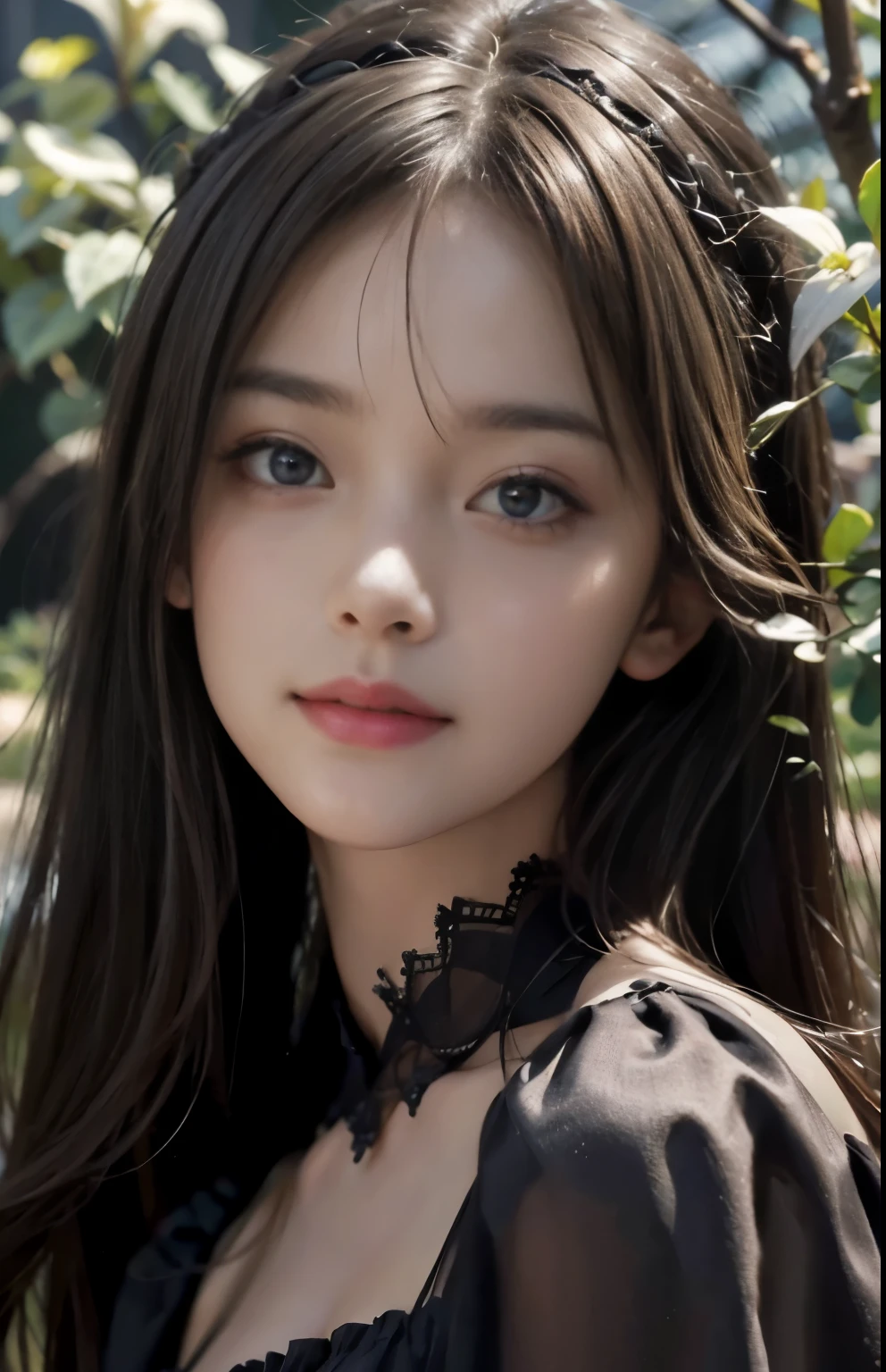 (ultra realistic) , (illustration), (increase resolution), (8K), (extremely detailed), (best illustration), (beautiful detailed eyes), (best quality), (ultra-detailed), (masterpiece),  (wallpaper), (detailed face), solo,1 girl, looking at viewers,  delicate details,  in the dark, deep shadow, low key, pureerosfaceace_v1, happy smile, dark summer dress, full body, garden