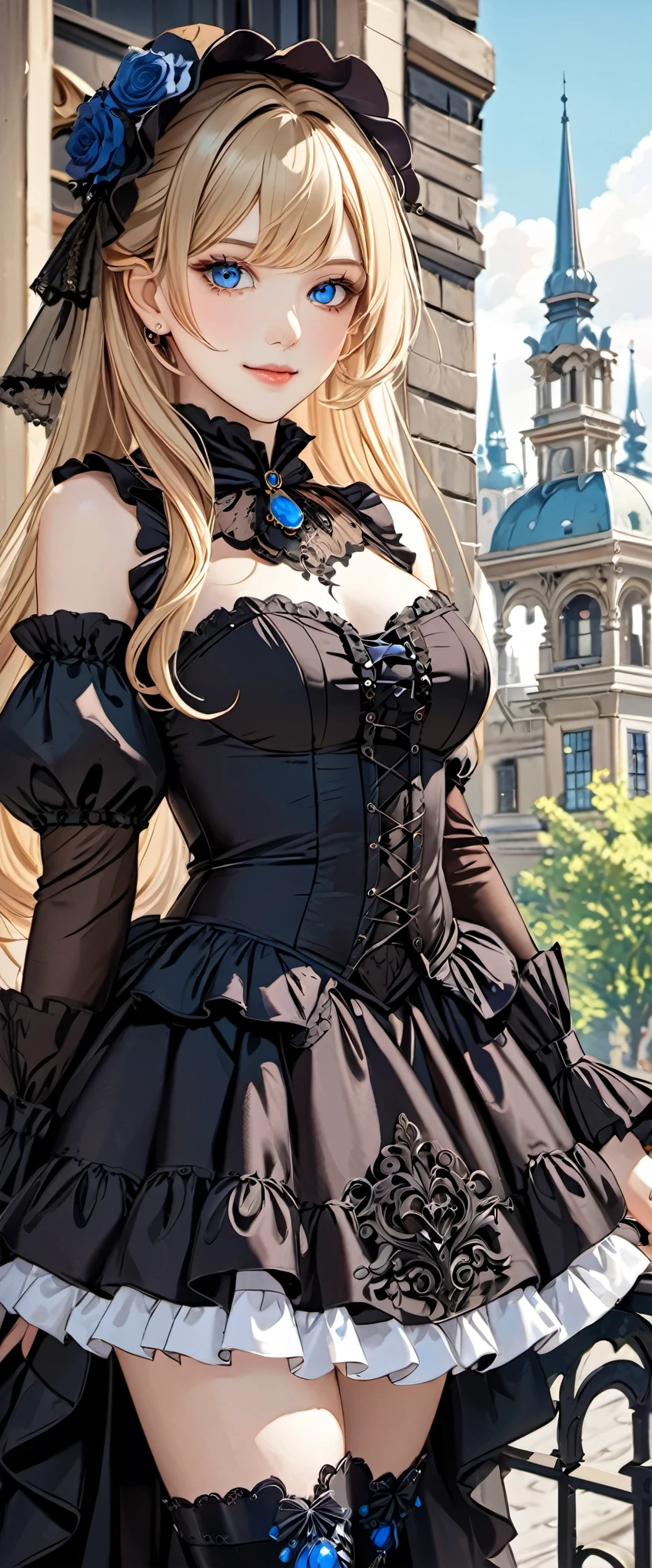 woman wearing dress and boots , baroque dress, wearing a detailed steampunk dress, elegant gothic princess, victorian gothic ta fashion, historical baroque dress dark, black gothic loliress, fantasy style clothing, rococo dress, black rococo, fantasy costume, wearing a gothic dress, romantic dress, gothic dress,blonde,,(((upper body portrait)))blue eyes,city,(((mini skirt)))smile,cute pose
