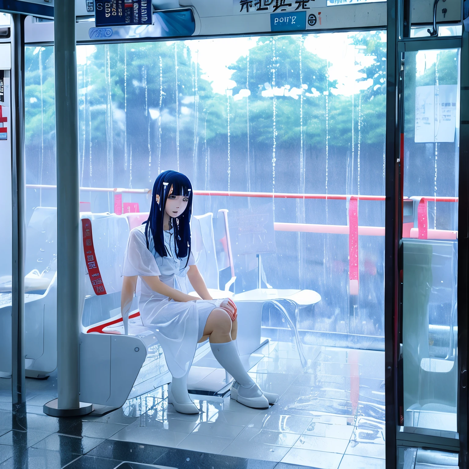 anime white clothes Wet and transparent tits rain Bus waiting area
