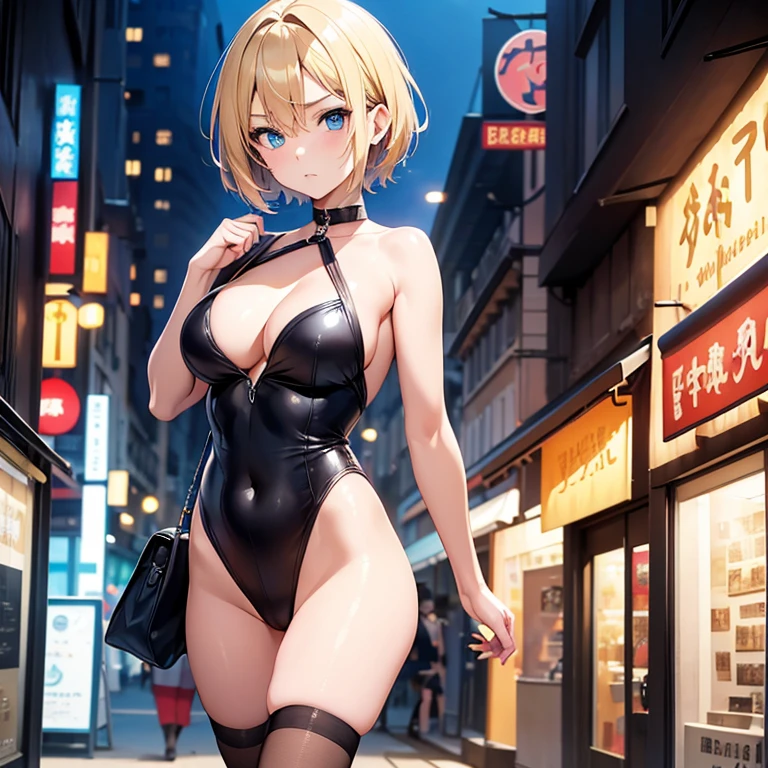 2D anime style、blue eyes、The eyes sparkled beautifully.,The breasts will become slightly larger.、Cool adult woman with short blonde hair and a serious expression....、Fashion that shows off your belly, Walking the streets of Paris,
,Leotard, Psychopath likes to show off.,