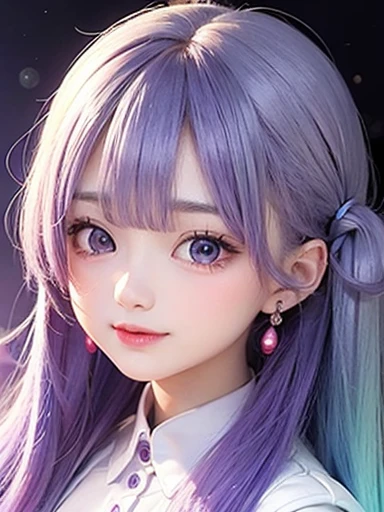 background is sky、small face、 (alone:1.5,)Super detailed,bright colors, very beautiful detailed anime face and eyes, look straight, shiny_skin,girl, (((rainbow colored hair, colorful hair, Half blue、Half purple hair: 1.2))), 、shiny hair, delicate beautiful face, blush、Glasses、(turquoise eyes), , Valletta, earrings,、flower garden、sunset、(((Translucent shirt)))、(twin tails)、(smile、happy face、face dyed red)、cheerful pose、dynamic、Upper body