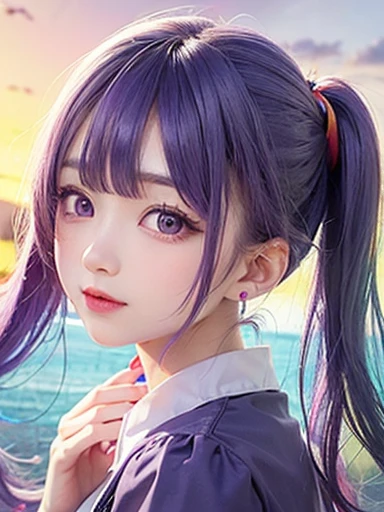 background is sky、small face、 (alone:1.5,)Super detailed,bright colors, very beautiful detailed anime face and eyes, look straight, shiny_skin,girl, (((rainbow colored hair, colorful hair, Half blue、Half purple hair: 1.2))), 、shiny hair, delicate beautiful face, blush、Glasses、(turquoise eyes), , Valletta, earrings,、flower garden、sunset、(((Translucent shirt)))、(twin tails)、(smile、happy face、face dyed red)、cheerful pose、dynamic、Upper body