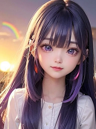 background is sky、small face、 (alone:1.5,)Super detailed,bright colors, very beautiful detailed anime face and eyes, look straight, shiny_skin,girl, (((rainbow colored hair, colorful hair, Half blue、Half purple hair: 1.2))), 、shiny hair, delicate beautiful face, blush、Glasses、(turquoise eyes), , Valletta, earrings,、flower garden、sunset、(((Translucent shirt)))、(twin tails)、(smile、happy face、face dyed red)、cheerful pose、dynamic、Upper body