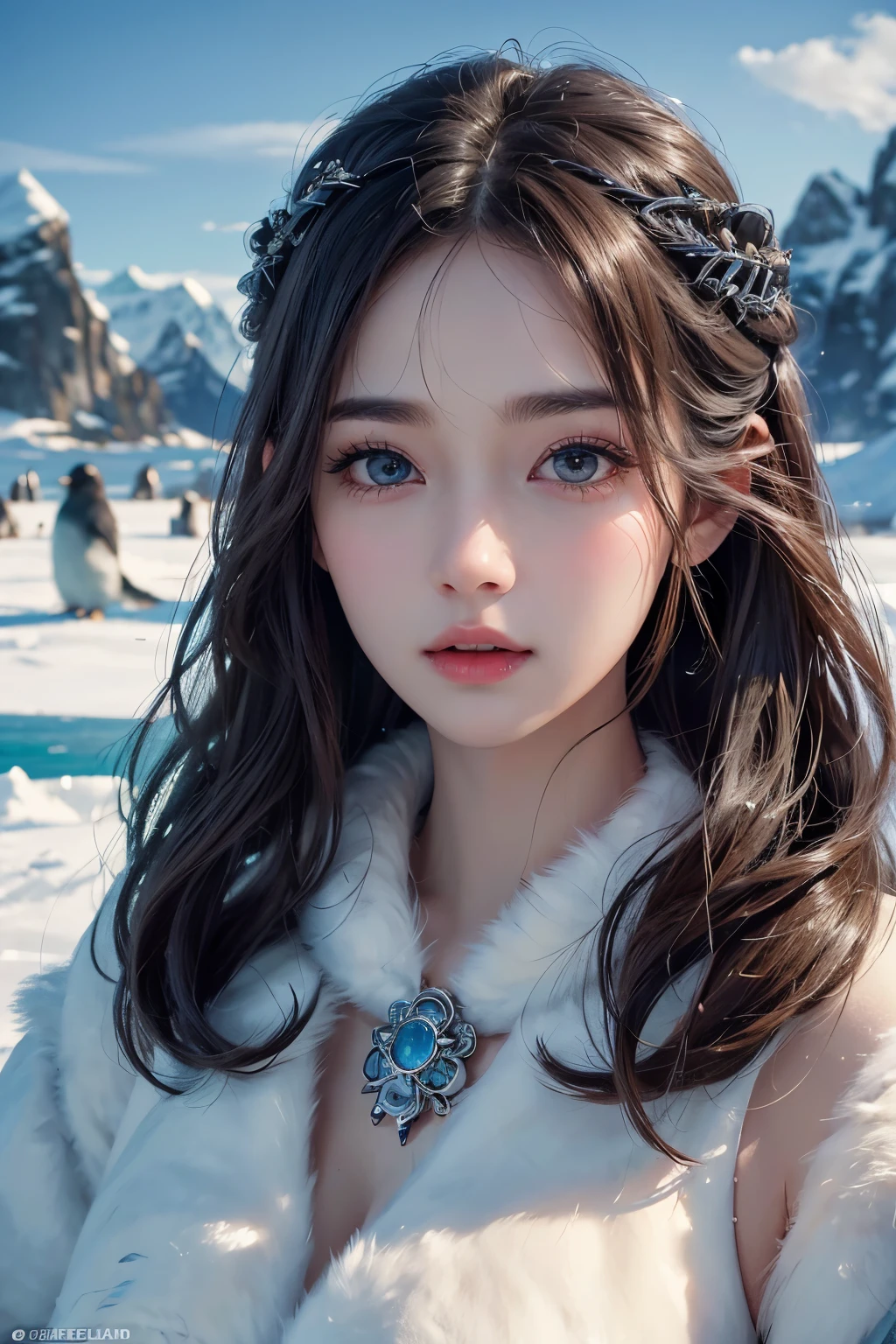 1 girl, beauty in the arctic, Exquisite eyes,beautiful and delicate lips,very detailed 눈과 얼굴,long eyelashes, with short permed hair, enchanted scenery,(best quality,4K,8 thousand,high resolution,masterpiece:1.2),very detailed,(realistic,realistic,realistic:1.37), dynamic pose, flock of penguins, fur-clad,