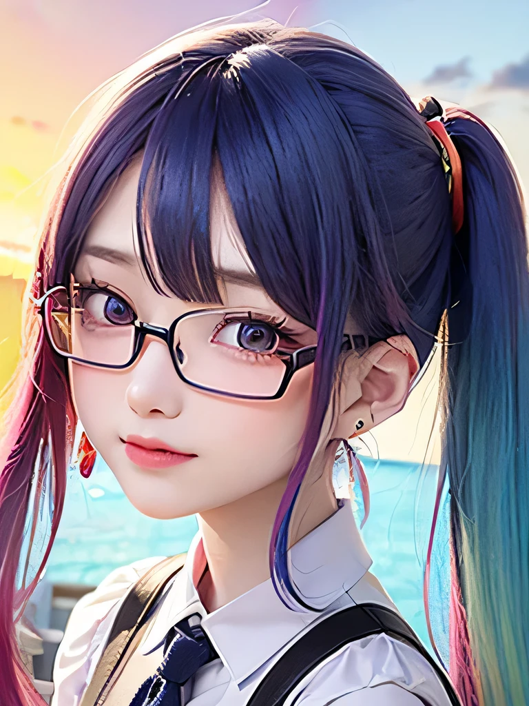 background is sky、small face、 (alone:1.5,)Super detailed,bright colors, very beautiful detailed anime face and eyes, look straight,  shiny_skin,girl, (((rainbow colored hair, colorful hair, Half blue、half red hair: 1.2))), 、shiny hair, delicate beautiful face, blush、Glasses、(turquoise eyes), , Valletta, earrings,、flower garden、sunset、(（(Translucent shirt)))、（twin tails）、（smile、happy face、face dyed red）、cheerful pose、dynamic、Upper body