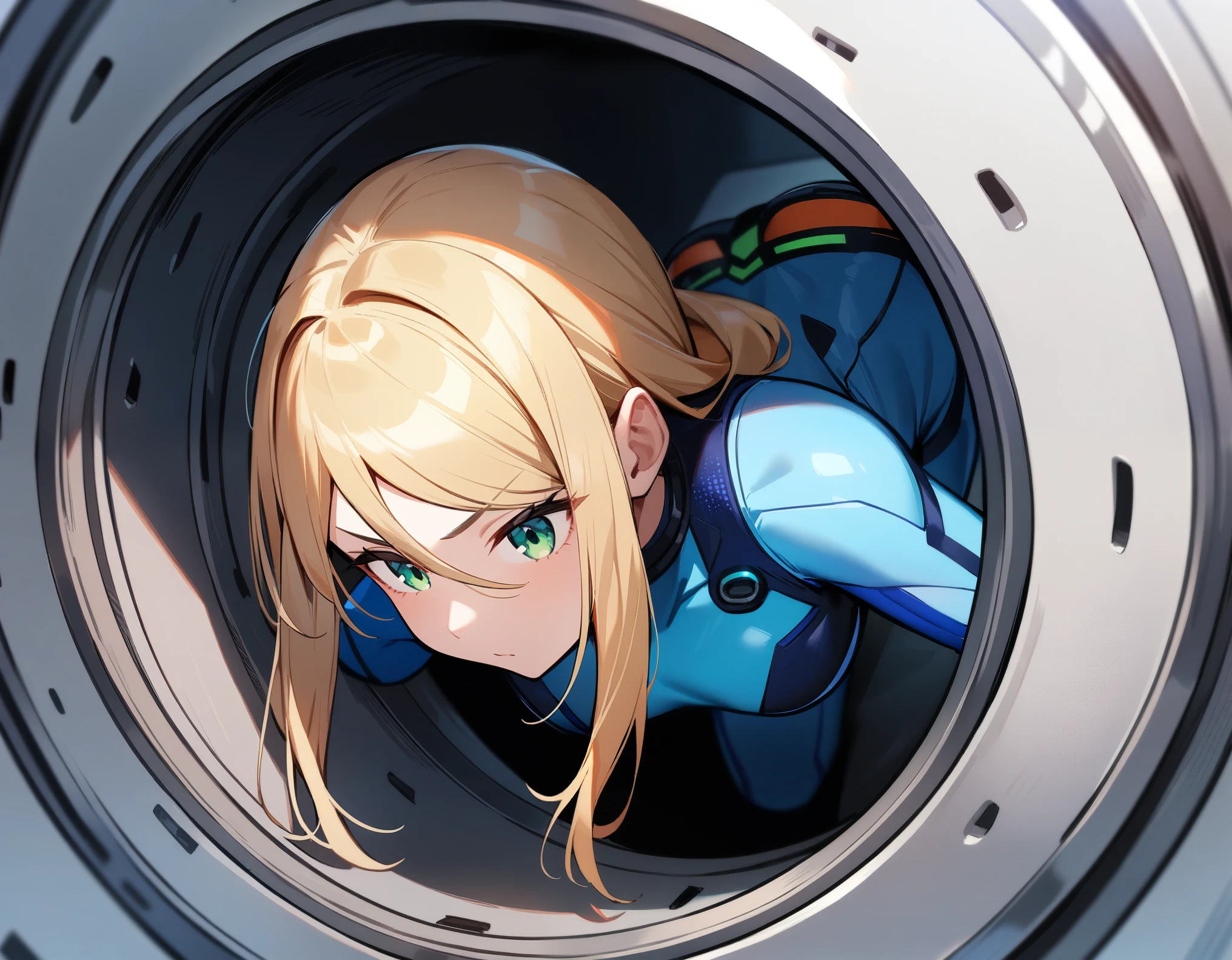 1girl,Samus aran,solo,green eyes,blonde hair,zero suit,light blue body suit,dark blue stripes,crawling along,inside the vent,side view,Science fiction,ultra-detailed,sharp focus,aesthetic,(best quality)