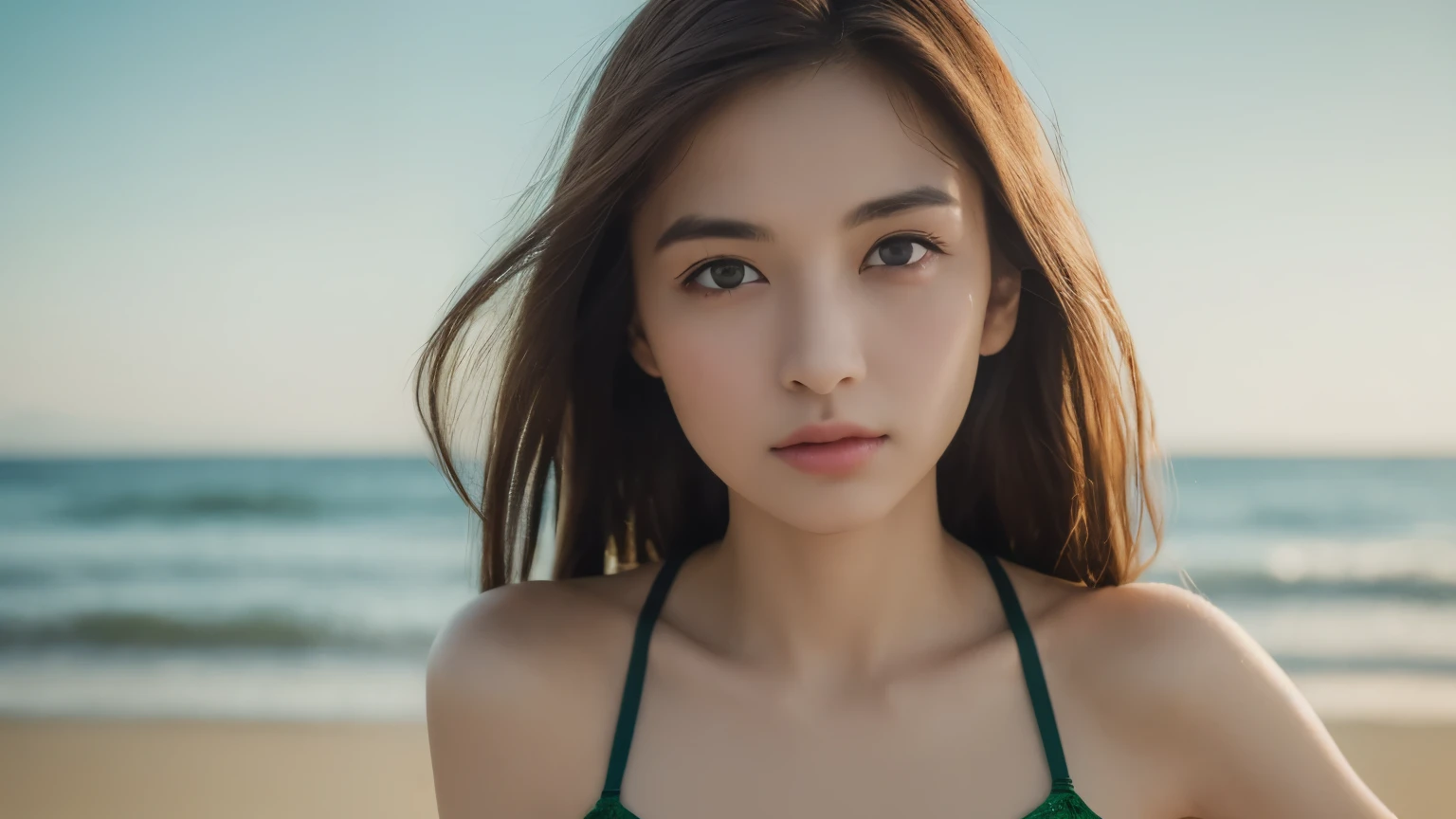 ((highest quality, 8K, masterpiece: 1.3)), clear focus: 1.2, 1 girl, perfect figure: 1.4, slim abs: 1.1, ((dark brown hair)), green bikini, (outdoor, noon: 1.1), blurry beach background, super fine face, fine eyes, double eyelid