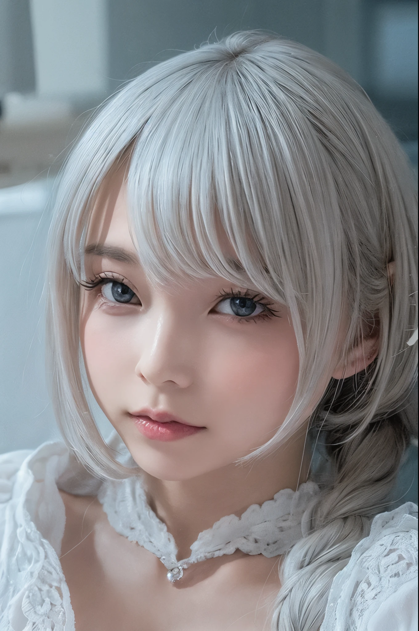 ((high quality)),table top,(Detailed depiction of local details:1.2),1 Japanese girl,(plump breasts:1.3),Enchanted Valley,closed mouth,eyelash,looking at the viewer,portrait,alone,Upper body,gray hair,white theme,short hair,silver hair,Yoruhano. 2 Type B,