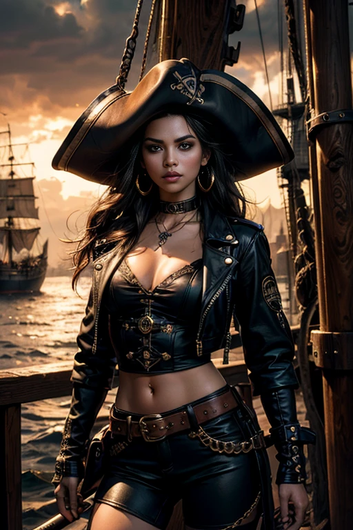 (best quality,4k,8k,highres,masterpiece:1.2),ultra-detailed,black long hair,beautiful detailed eyes,pouty lips,piercing gaze,confident expression,pirate hat with skull and crossbones,leather jacket with golden buttons,golden earrings,pirate sword,ship in the background,stormy sky,gritty and realistic,high contrast lighting,strong shadows and highlights,dramatic atmosphere,warm color tones,moody and intense,swashbuckling adventure