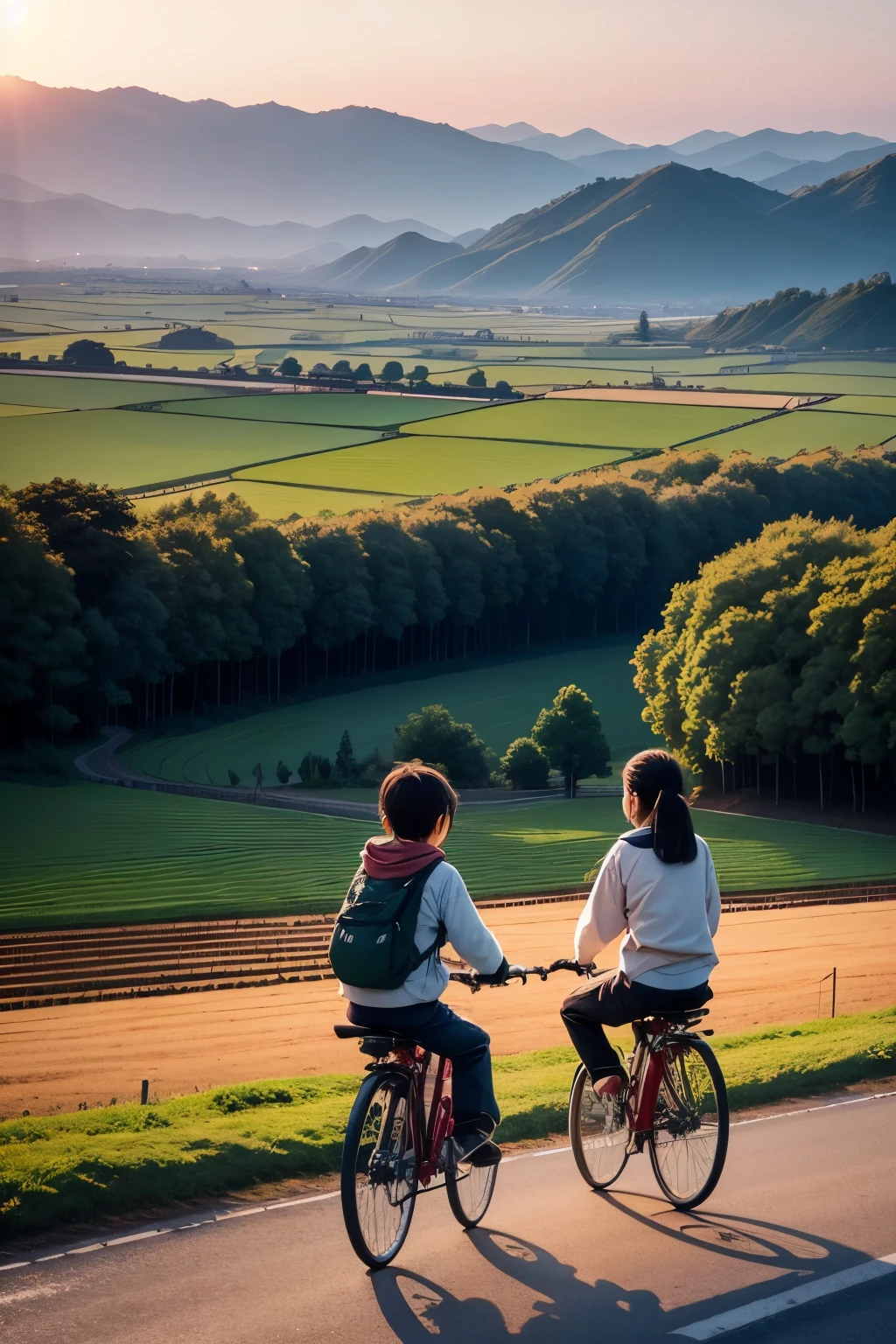 Japan countryside A few kids riding bikes in the distance rural scenery sunset