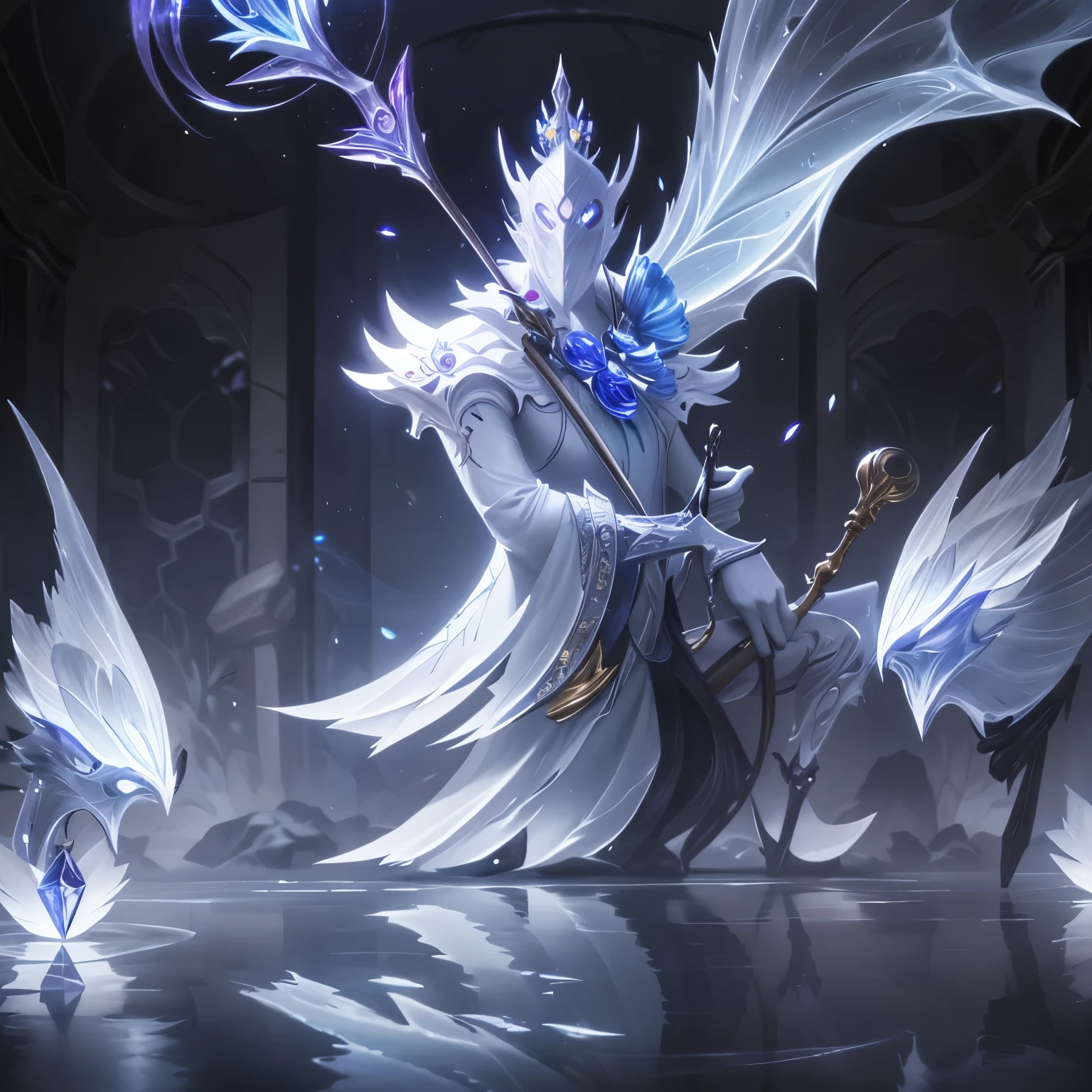 white shirt,(Spectral magic:1.2), League of Legends สแปลชอาร์ต, devil,(madness:1.2),crystal,mask,fight,front view,gold,fish,victorian hat,Europe,Middle Ages,marble pattern,white magic,joy,luxurious,diamond,flower,full figure,(white stone magic:1.2),mirror,mirrorเเตก,ผลึกcrystal,white coat,dynasty,gold lace pattern,water,เศษcrystalสีฟ้า,กลีบflower,Insects,(fiddlestick:1.2),(devilหุ่นไล่กา:1.0), fiddlestick league of Legends 