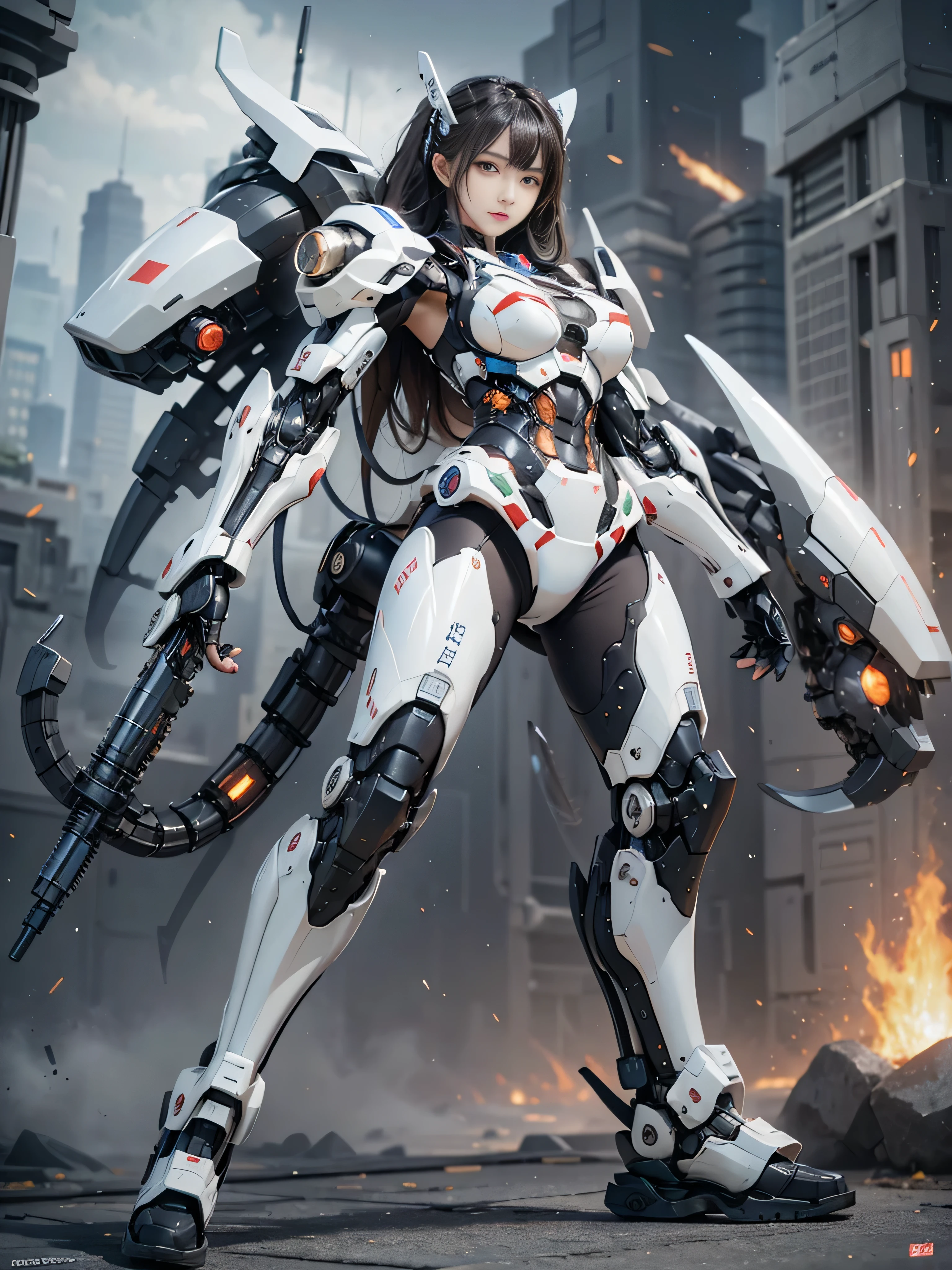 rough skin, Super detailed, advanced details, high quality, 最high quality, High resolution, 1080p, hard disk, beautiful,(war machine),beautiful cyborg woman,Mecha cyborg girl,battle mode,Mecha body girl,She is wearing a futuristic war machine,full body shot