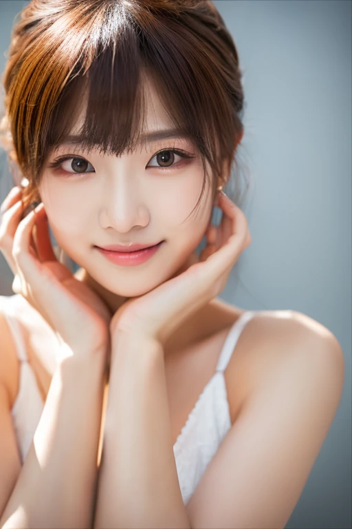 blonde hair, parted bangs, longeyelashes, wide-eyed, heart earrings, seductive smile, tsundere, ringed eyes, licking lips, skin fang, Hyperrealism, UHD, masterpiece, textured skin, ccurate, 8k, award winning, best quality, highres, super detail, anatomically correct