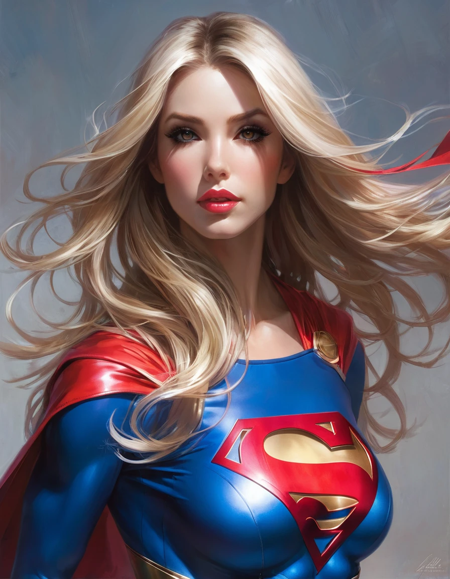a woman with long hair wearing a Super girl costume, sexy painting of Super girl, hybrid of Super girl, stephen lau and artgerm, as seen on artgerm, artgerm julie bell beeple, stanley artgerm lau, artgerm and ben lo, portrait of Super girl, artgerm on artstation pixiv