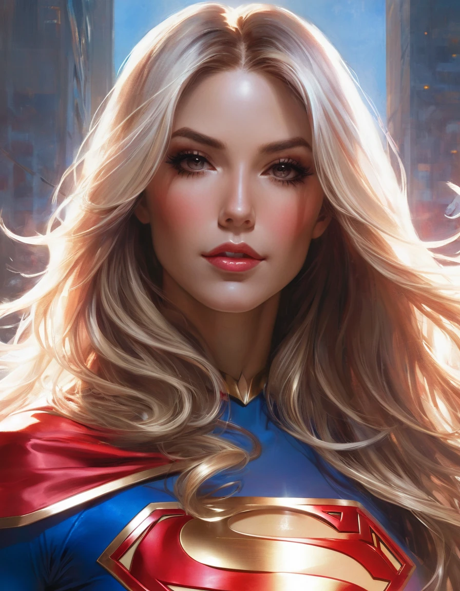 a woman with long hair wearing a Super girl costume, sexy painting of Super girl, hybrid of Super girl, stephen lau and artgerm, as seen on artgerm, artgerm julie bell beeple, stanley artgerm lau, artgerm and ben lo, portrait of Super girl, artgerm on artstation pixiv