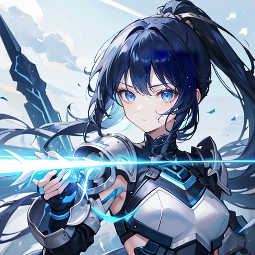 dark blue hair,long hair,Bangs,high ponytail,Bangs整齐,gray eyes,blue、Hair rope,girl,high tech装甲,Glowing Armor,high tech,whole body,stand on the ground,Beam sword in hand,Does not expose fingers,Background with blue sky and white clouds