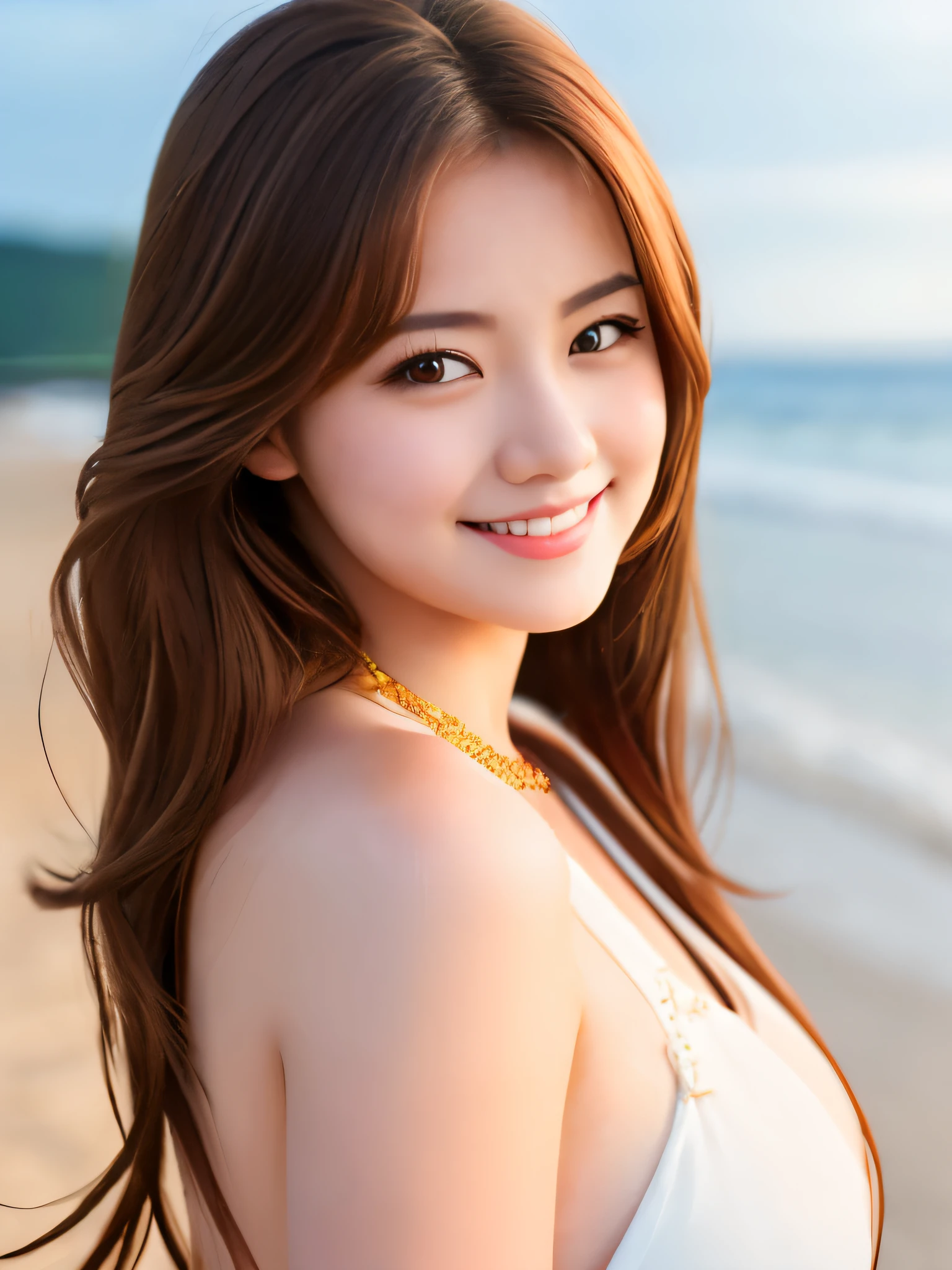 (masterpiece:1.2,highest quality),blur the background,1 High school girl,((nude)),(big breasts),brown hair,detailed and beautiful eyes,blushing face,healthy skin,looking at the viewer,smile,(beach),8K resolution