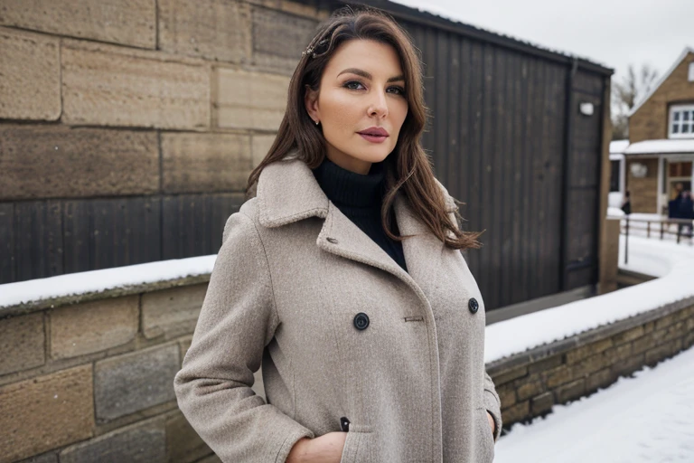 Carla, 40 ans, bimbo, mature, influenceuse, cheveux bruns, realistic body, realistic hair, peau naturelle, realistic skin, realistic eyes, Realistic clothing, extremely detailed, on a trip to England dressed in a winter coat, realistic location, 8K, hd