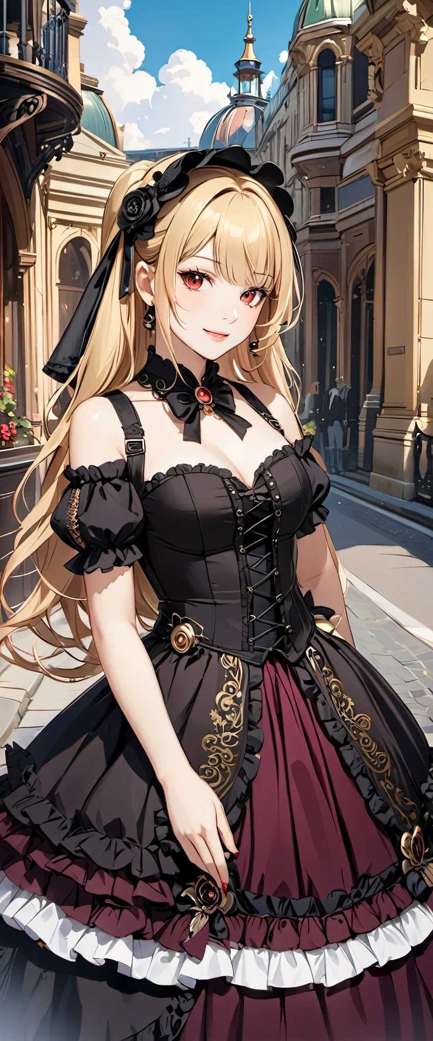 woman wearing dress and boots , baroque dress, wearing a detailed steampunk dress, elegant gothic princess, victorian gothic lolita fashion, historical baroque dress dark, black gothic lolita dress, fantasy style clothing, rococo dress, black rococo,  fantasy costume, wearing a gothic dress, romantic dress, gothic dress,blonde,,(((upper body portrait))),red eyes,city,,(((mini skirt)))cute pose,smile