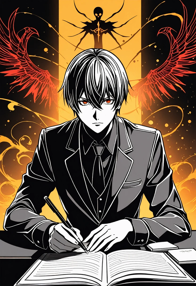 1boy, Light Yagami, Death Note, A brilliant but arrogant high school student who finds a supernatural notebook that grants him the power to kill anyone by writing their name in it. Light uses the Death Note to try and create a utopia, but his actions turn increasingly dark and twisted, (masterpiece), (best quality), (ultra-detailed), very aesthetic, illustration, disheveled hair, perfect composition, moist skin, intricate details, anime artwork, anime style, key visual, vibrant, studio anime, highly detailed, Anime line art, lineart, line art, flat colors, flat color