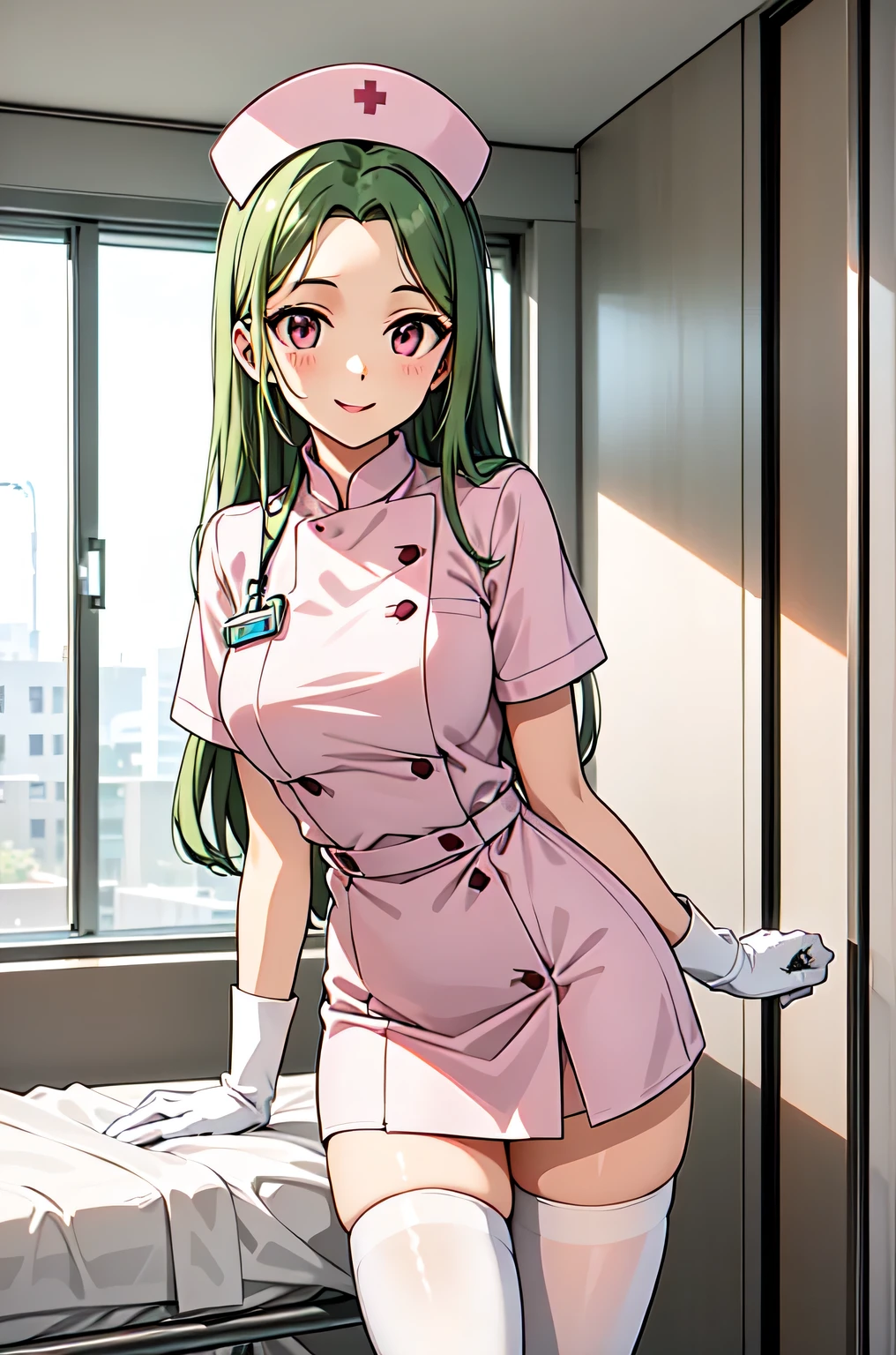 1woman, solo, nurse, white nurse cap, white nurse uniform, ((white legwear, zettai ryouiki)), white gloves, forehead, long hair, green hair, pink eyes, pink lips, smile, standing, ((hospital room)), sharp outline, short sleeves, mature female, 35 years old, best quality, masterpiece
